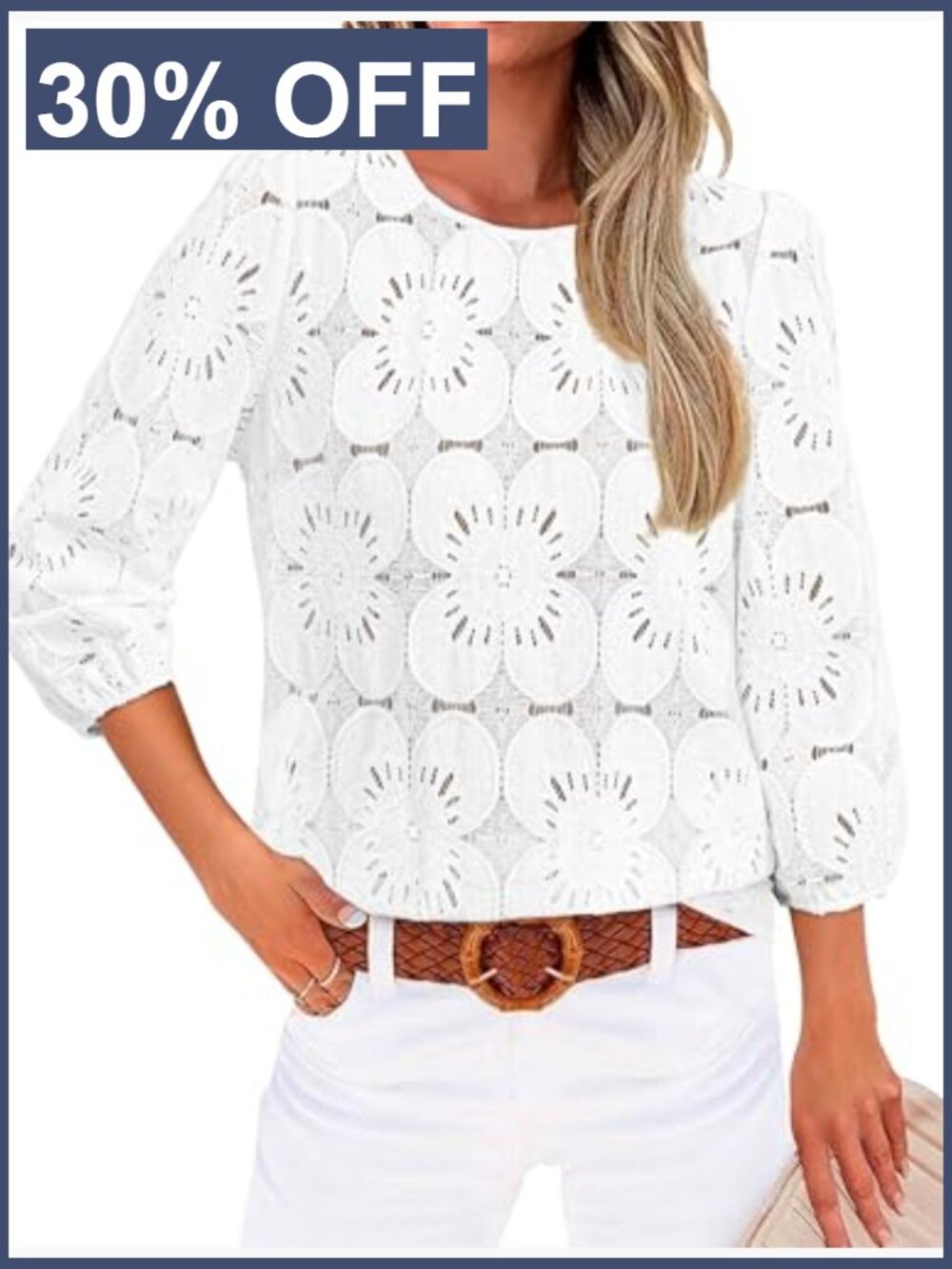 Women's 3/4 Sleeve Eyelet Lace Peasant Blouse Dressy Casual Top - Picture 2 of 7